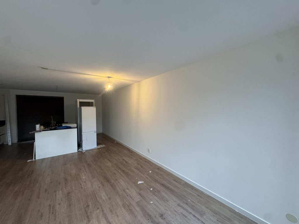 Woonkamer met een laminaatvloer, gladde witte wanden en een open keuken op de achtergrond